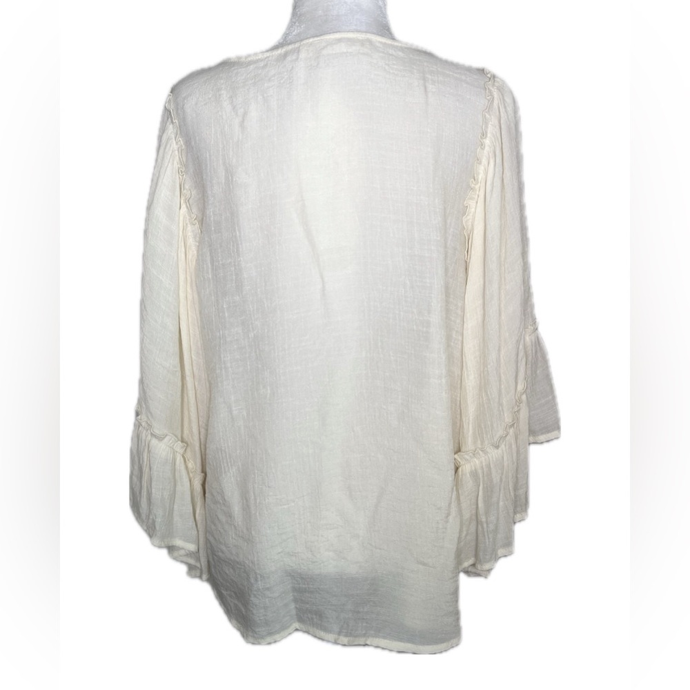 Les Soers Semi Sheer Beige Cream Tie Front Peasant Blouse Bell Sleeves Medium - Picture 3 of 8